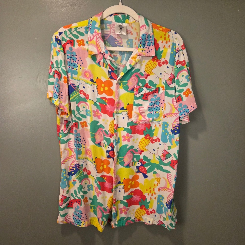 Hello Kitty Men's Hawaiian Short Sleeve Button Up Shirt Size M Colorful Tropical